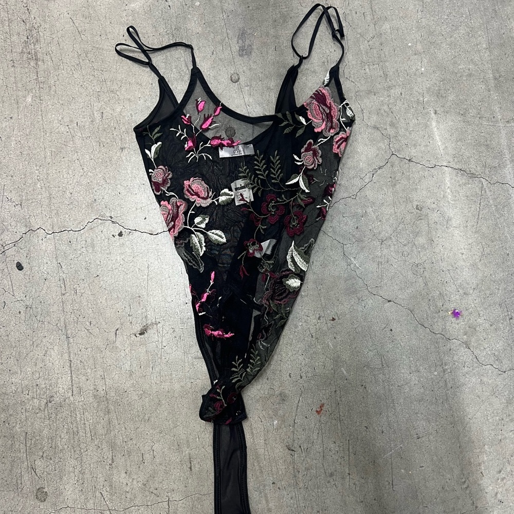 AZ Design floral embroidered black mesh thong bodysuit